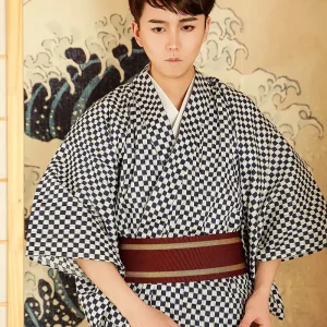 Kimono homme damier traditionnel en tissu léger