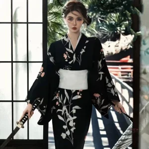 Kimono Noir Vintage pour Femme, style japonais élégant