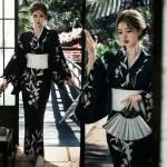 Vêtement traditionnel japonais, kimono noir pour femme