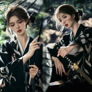 Kimono Femme, motif vintage noir, style asiatique