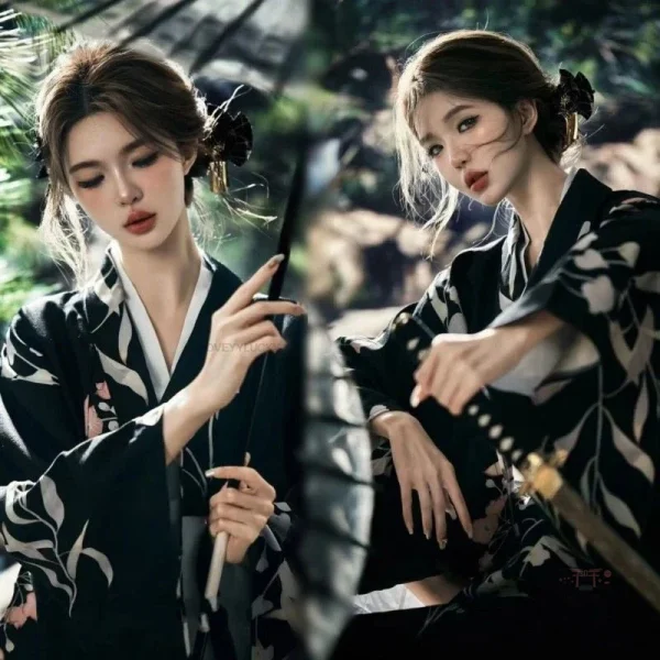 Kimono Femme, motif vintage noir, style asiatique