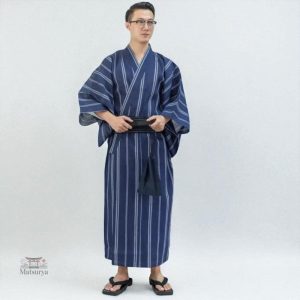 Kimono homme bleu rayé léger traditionnel