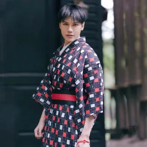 Kimono traditionnel homme léger noir et rouge