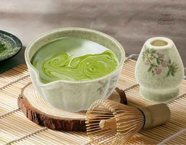 Ensemble de thé Matcha fleuri, idéal pour les amateurs de thé