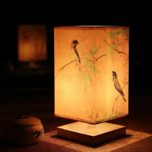 Lampe de chevet motif bambou et oiseaux, style japonais