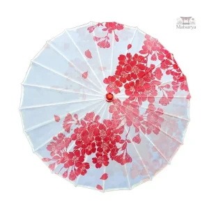 Ombrelle japonaise blanche avec motifs fleuris rouges
