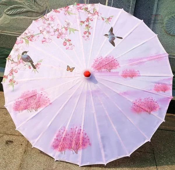 ombrelle-japonaise-rose-oiseaux-1 Ombrelle japonaise rose avec motif d'oiseaux