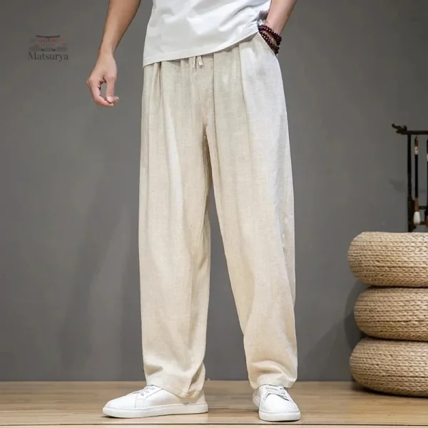 Pantalon Japonais en Coton et Lin, coupe droite
