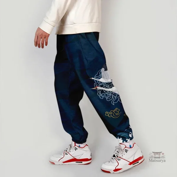 pantalon-japonais-decontracte-grues-1 Pantalon Décontracté Japonais avec motifs de grues