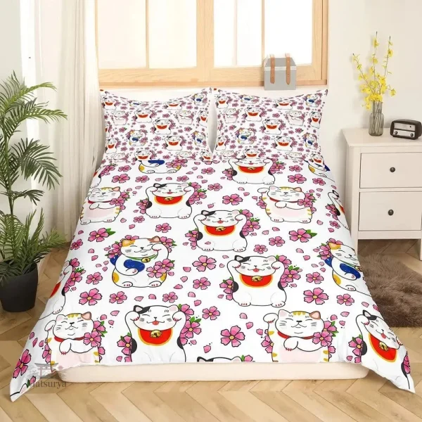 parure-de-lit-japonaise-blanche-chat-porte-bonheur-1 Parure de lit blanche japonaise avec motif chat porte-bonheur