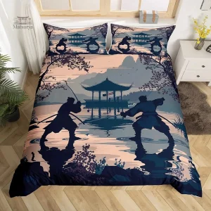 Parure de lit bleue motif samouraï inspirée du Japon