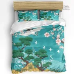 Parure de lit japonaise bleue avec motifs naturels