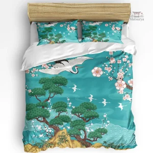 Parure de lit japonaise bleue avec motifs naturels