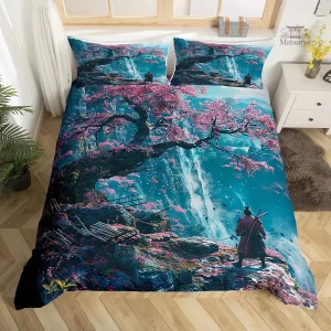 Parure de lit bleue Sakura design japonais