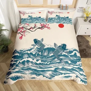 Parure de lit Japonaise Carpe Koi et vagues