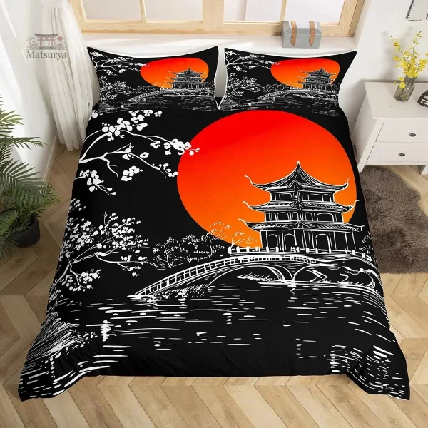 parure-de-lit-japonaise-noire-temple-chic-1 Parure de lit noire japonaise chic