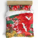 Parure de lit rouge avec motifs de grues japonaises