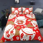 Parure de lit japonaise rouge avec motif Neko