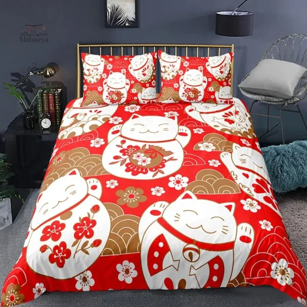 parure-de-lit-japonaise-rouge-neko-1 Parure de lit japonaise rouge avec motif Neko