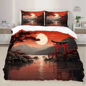 Parure de lit japonaise Torii en noir et rouge