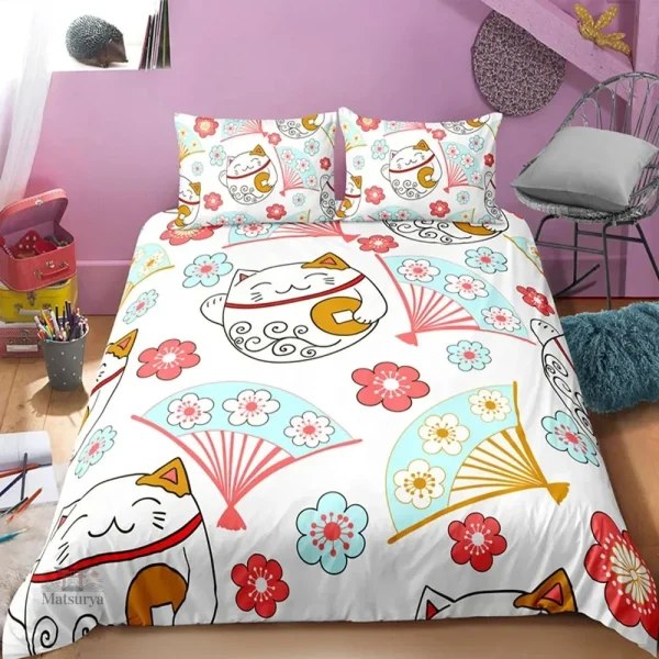 Parure de lit Maneki Neko avec motifs d'éventails