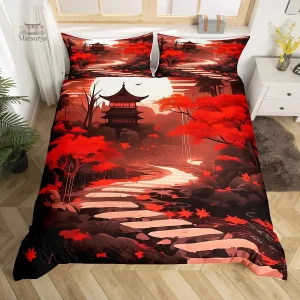 Parure de lit rouge avec paysage japonais