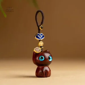 Porte-clés japonais en bois, design chat mignon