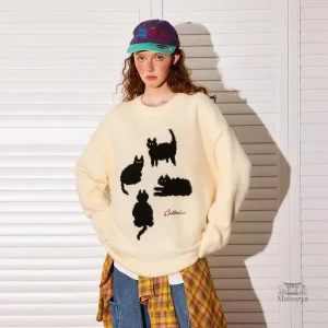 Pull Japonais Tricoté avec motif de chat pour femme