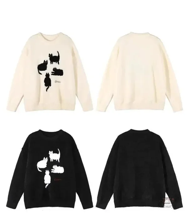 Pull stylé japonais pour femme, motif chat intemporel