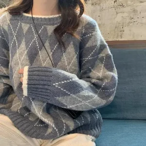 Pull Vintage Japonais à carreaux pour femme