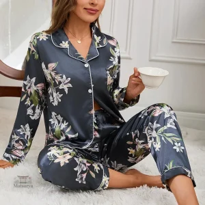 Pyjama Japonais Fleuri Bleu pour Femme
