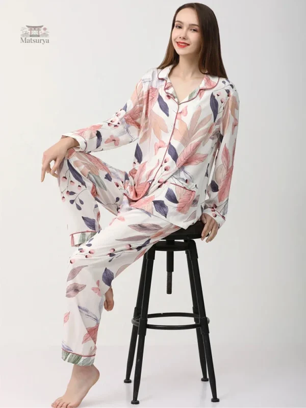 pyjama-japonais-femme-a-feuillage-rose-1 Pyjama Japonais Femme feuillage rose élégant