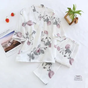 Pyjama Japonais Roses en tissu doux pour femme