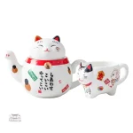 Service à thé traditionnel japonais avec motif félin