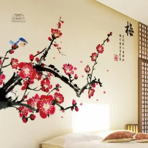 Décoration murale japonaise avec fleurs rouges