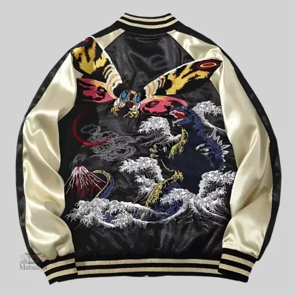 Sukajan tendance avec motifs Godzilla et Mothra
