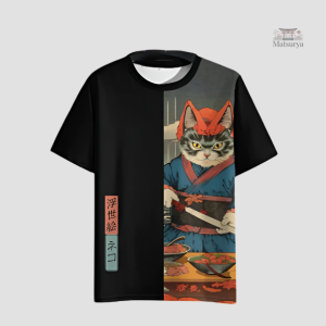 T-shirt Japonais avec motif de chat samouraï