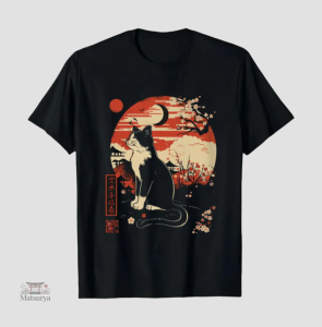 T-shirt Japonais avec chat et fleurs de cerisier