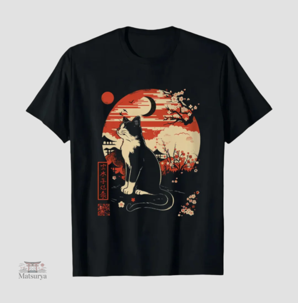 T-shirt Japonais avec chat et fleurs de cerisier