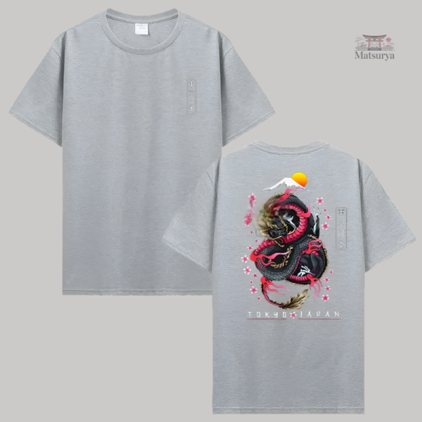 T-shirt avec dragon et cerisiers, inspiration japonaise