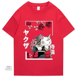 T-shirt Japonais en coton avec illustration de chat