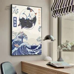 Tableau Japonais Chats et Vague de Kanagawa