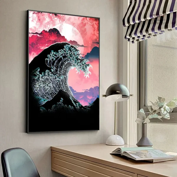 Tableau japonais coucher de soleil et vague