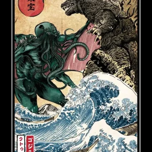 Tableau artistique avec dragon japonais et extraterrestre