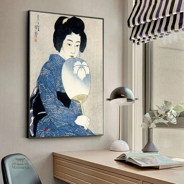 tableau-japonais-femme-en-kimono-avec-eventail-1 Tableau femme en kimono tenant un éventail japonais