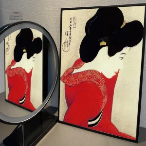 Tableau Femme en Kimono rouge sur fond japonais