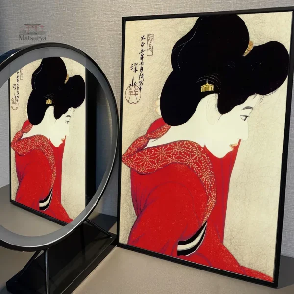tableau-japonais-femme-en-kimono-rouge-1 Tableau Femme en Kimono rouge sur fond japonais