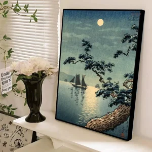 Tableau japonais représentant la mer et la pluie