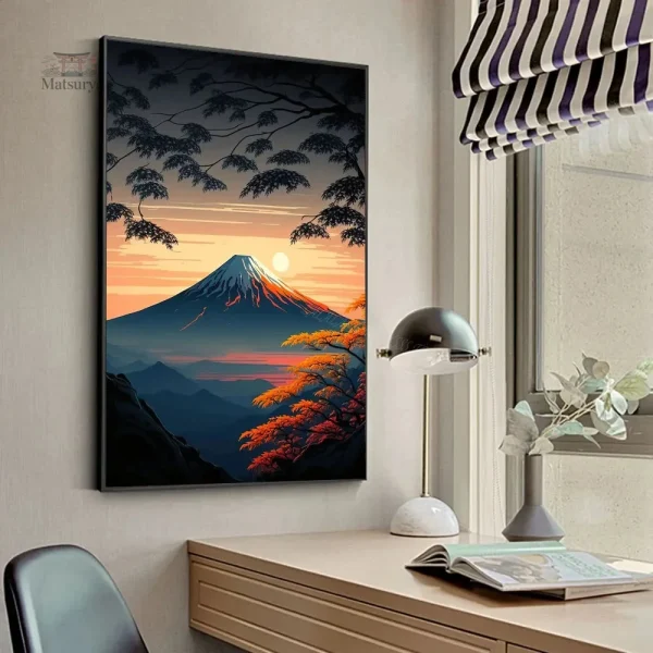 tableau-japonais-mont-fuji-et-couche-du-soleil-1 Tableau Japonais Mont Fuji avec un coucher de soleil