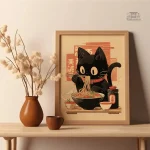 Tableau japonais motif chat élégant et coloré
